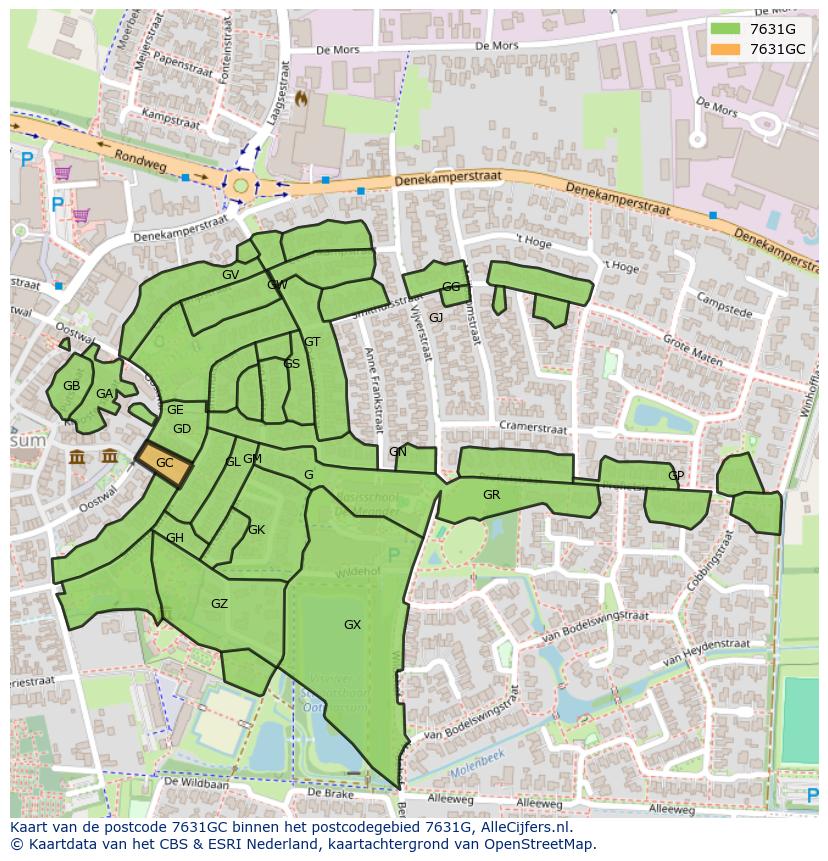 Afbeelding van het postcodegebied 7631 GC op de kaart.