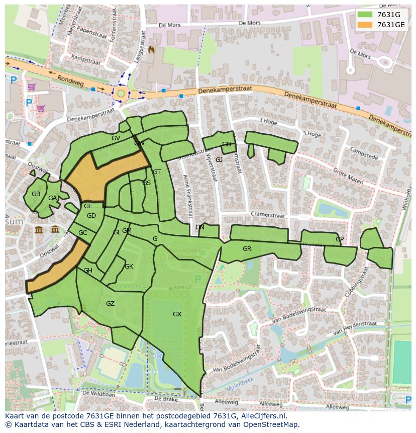 Afbeelding van het postcodegebied 7631 GE op de kaart.