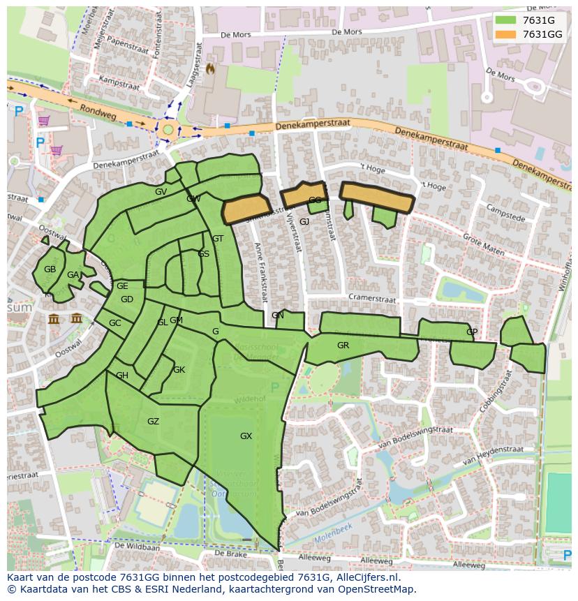 Afbeelding van het postcodegebied 7631 GG op de kaart.