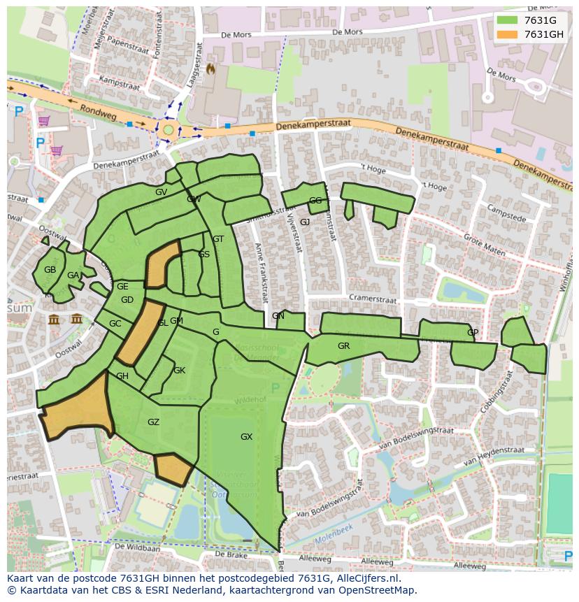 Afbeelding van het postcodegebied 7631 GH op de kaart.
