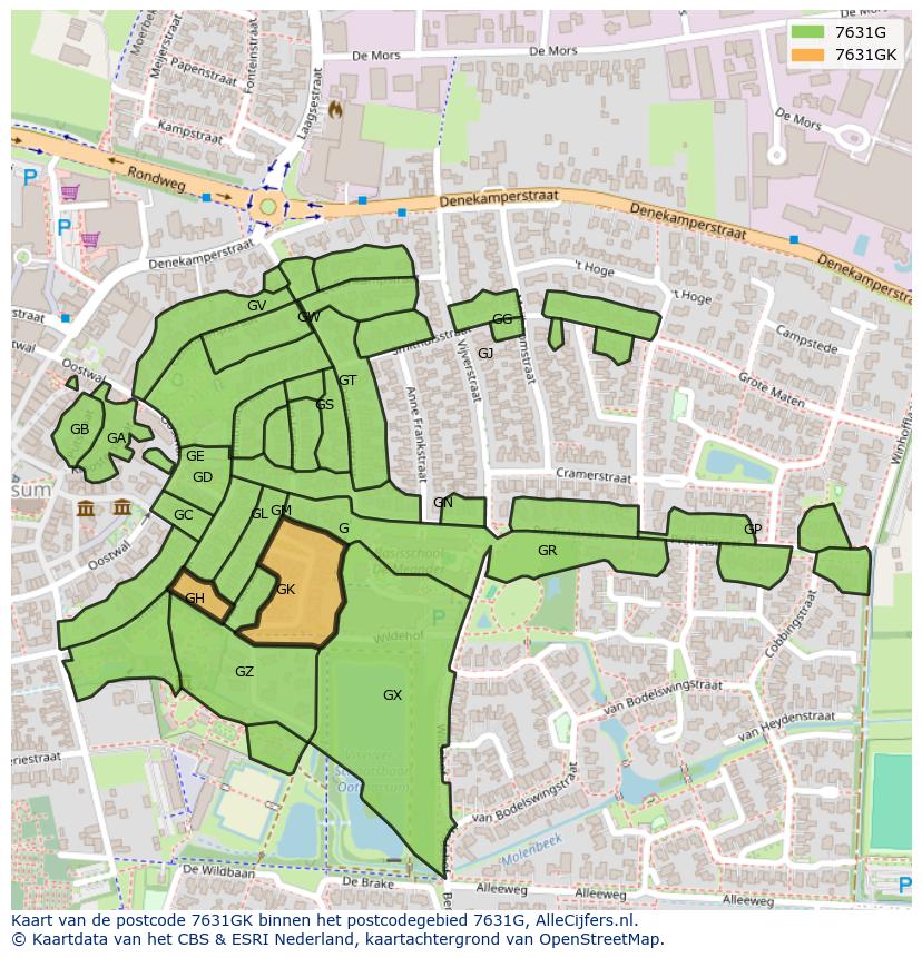Afbeelding van het postcodegebied 7631 GK op de kaart.