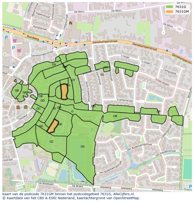 Afbeelding van het postcodegebied 7631 GM op de kaart.