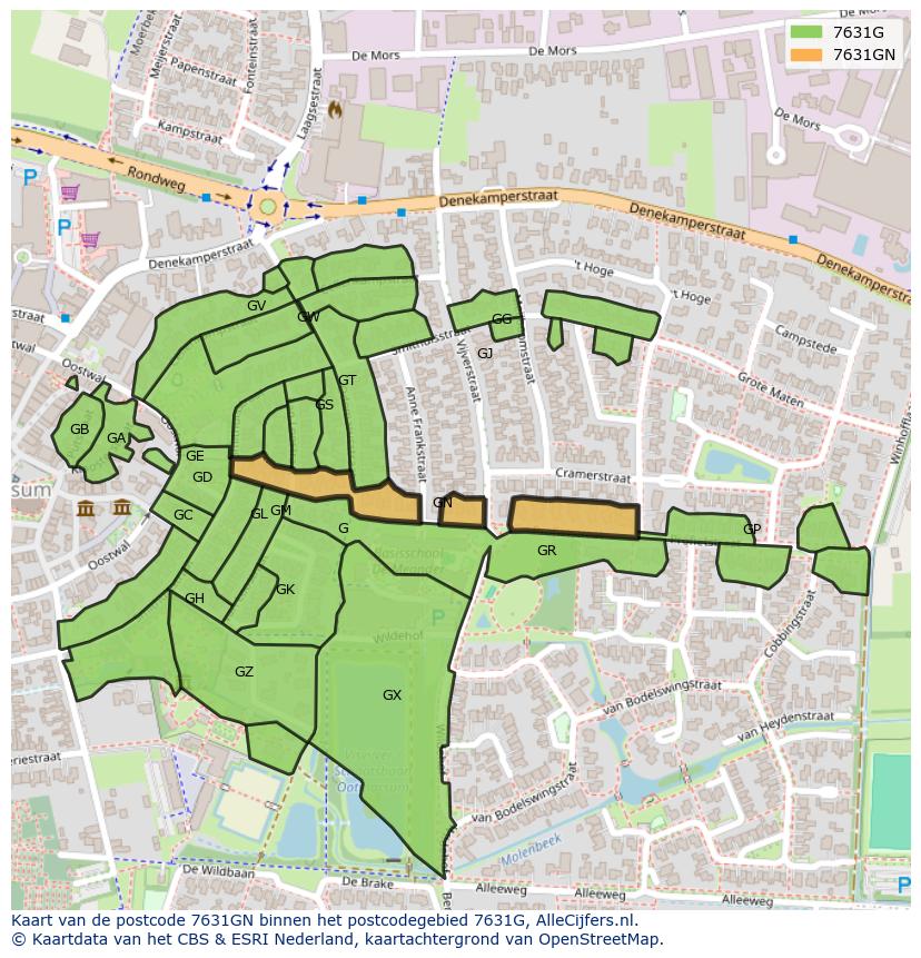 Afbeelding van het postcodegebied 7631 GN op de kaart.