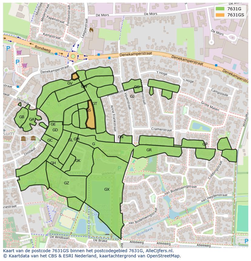 Afbeelding van het postcodegebied 7631 GS op de kaart.