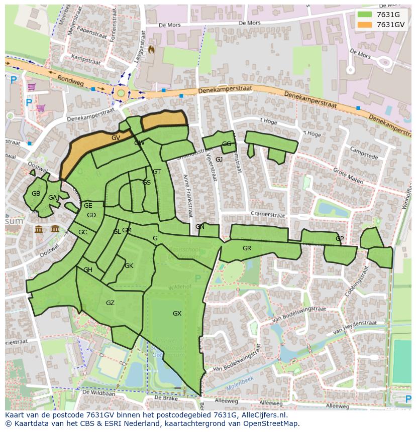 Afbeelding van het postcodegebied 7631 GV op de kaart.