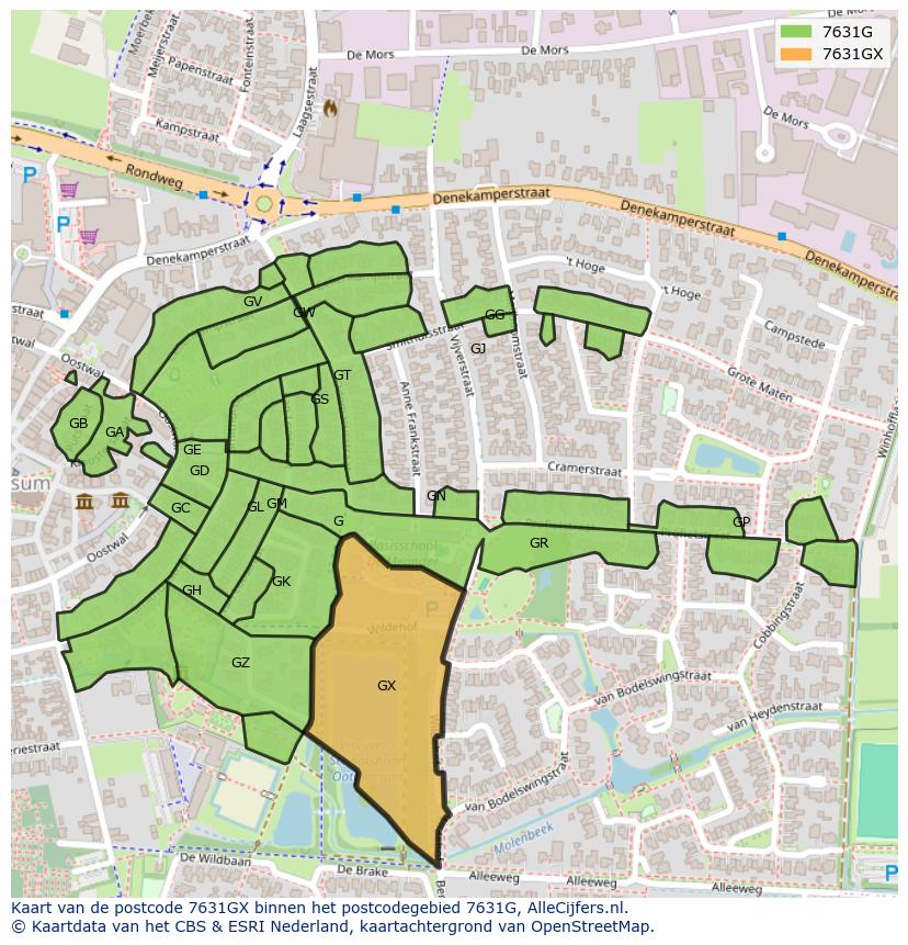 Afbeelding van het postcodegebied 7631 GX op de kaart.
