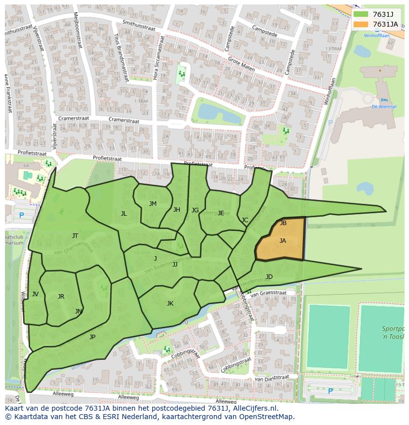 Afbeelding van het postcodegebied 7631 JA op de kaart.