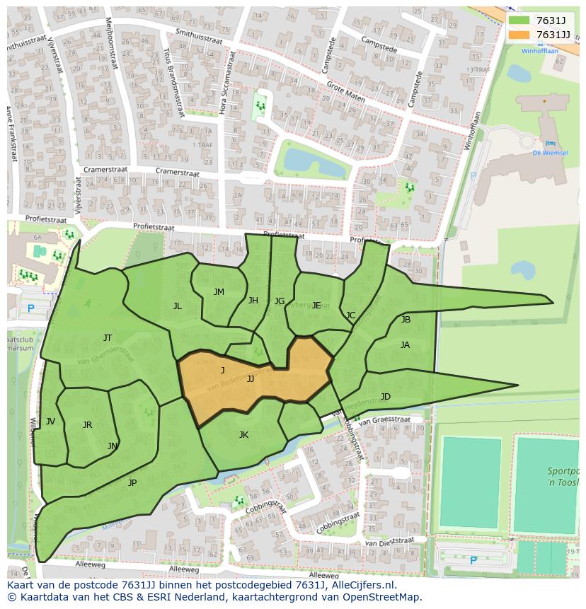 Afbeelding van het postcodegebied 7631 JJ op de kaart.