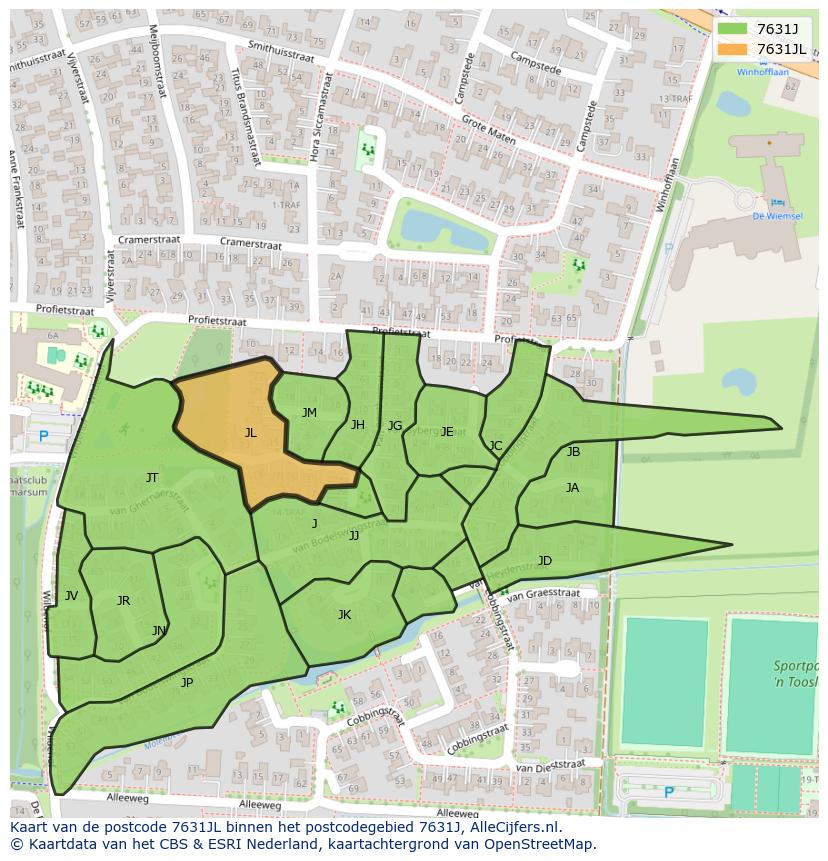 Afbeelding van het postcodegebied 7631 JL op de kaart.