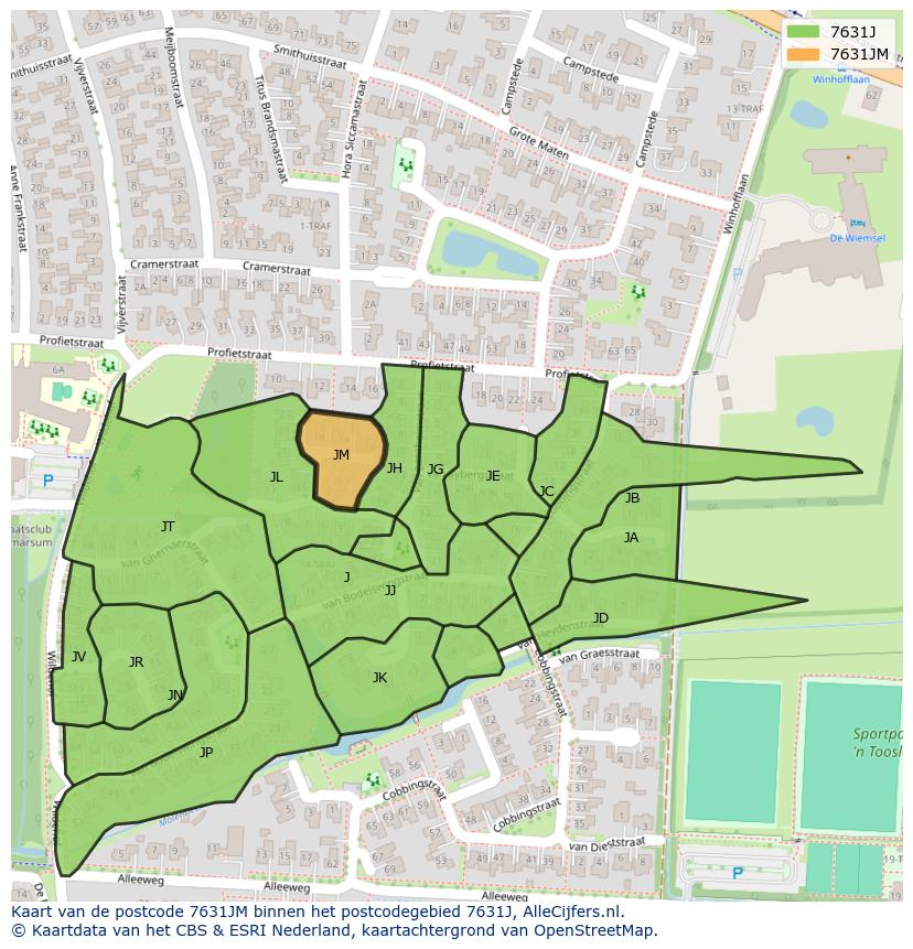 Afbeelding van het postcodegebied 7631 JM op de kaart.