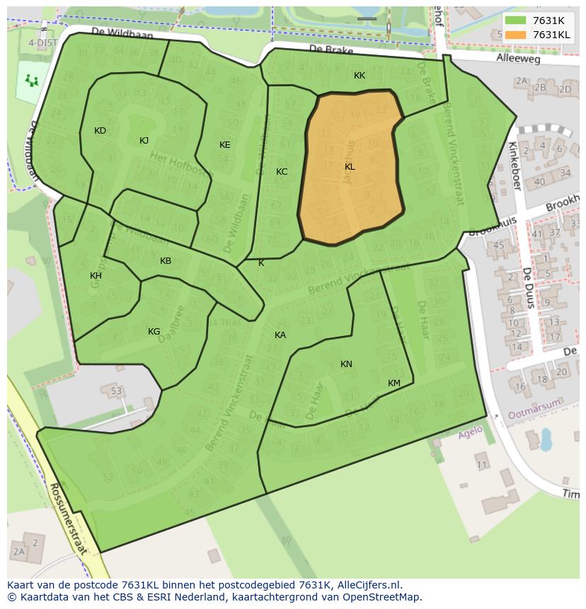Afbeelding van het postcodegebied 7631 KL op de kaart.
