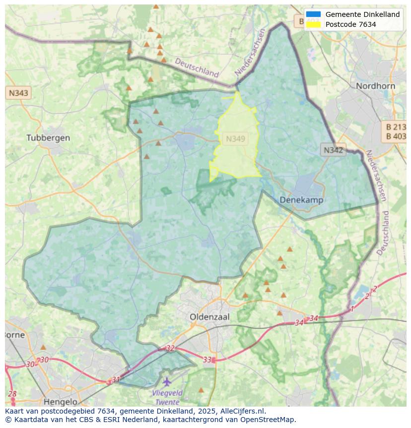 Afbeelding van het postcodegebied 7634 op de kaart.