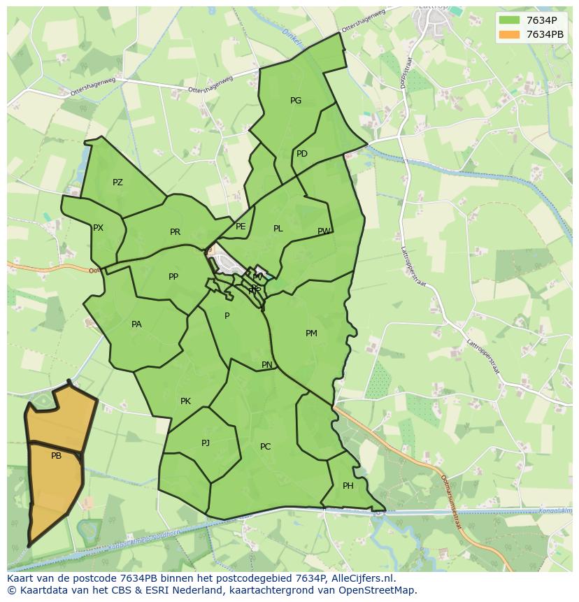 Afbeelding van het postcodegebied 7634 PB op de kaart.