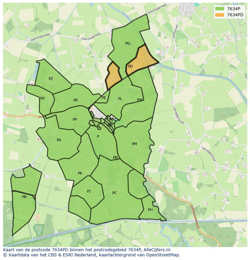 Afbeelding van het postcodegebied 7634 PD op de kaart.