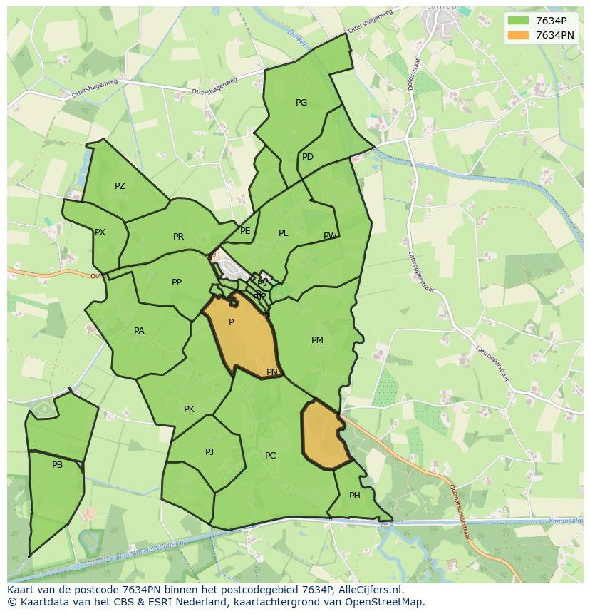 Afbeelding van het postcodegebied 7634 PN op de kaart.