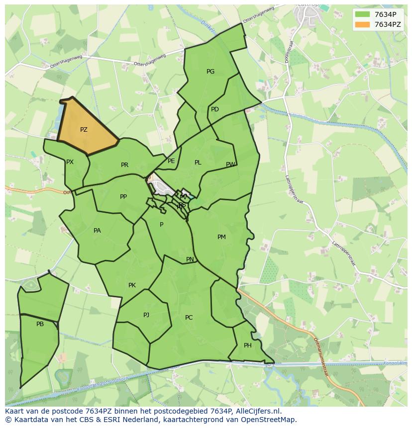 Afbeelding van het postcodegebied 7634 PZ op de kaart.