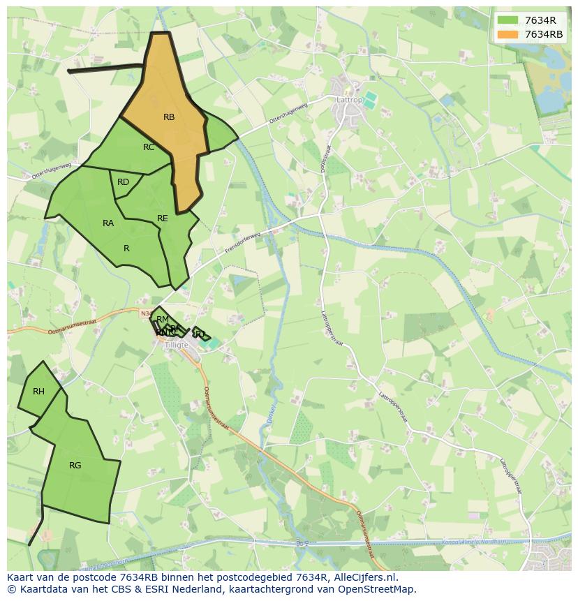 Afbeelding van het postcodegebied 7634 RB op de kaart.