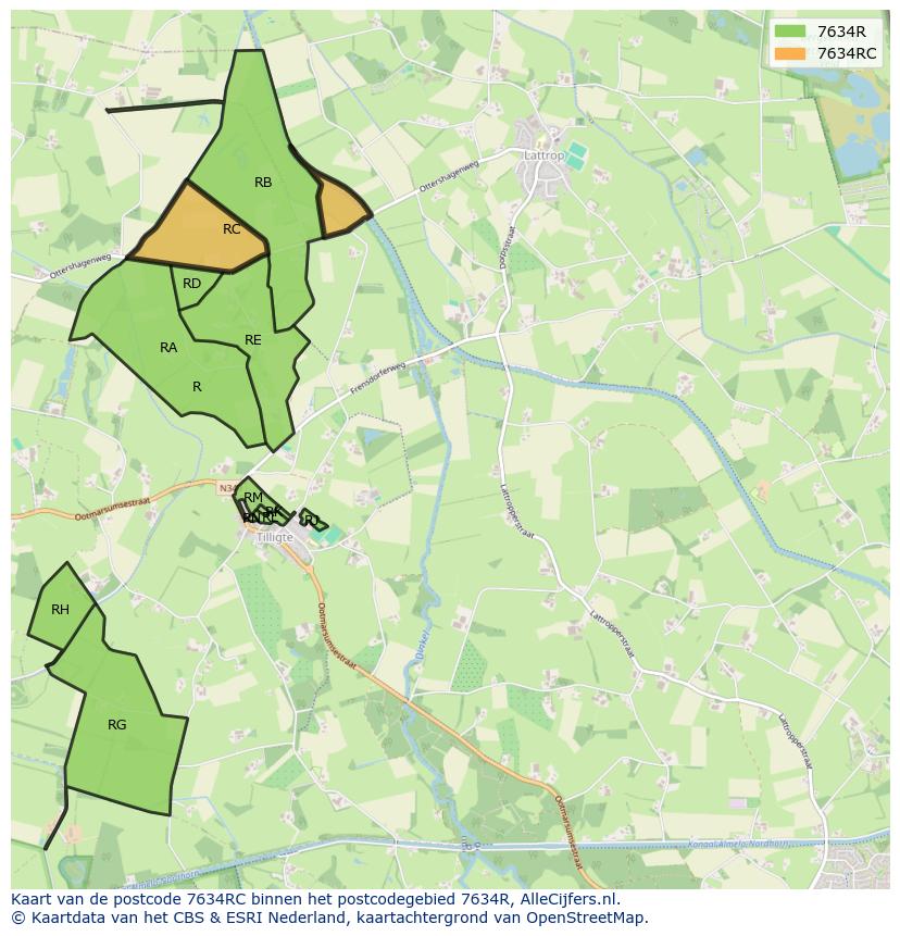 Afbeelding van het postcodegebied 7634 RC op de kaart.