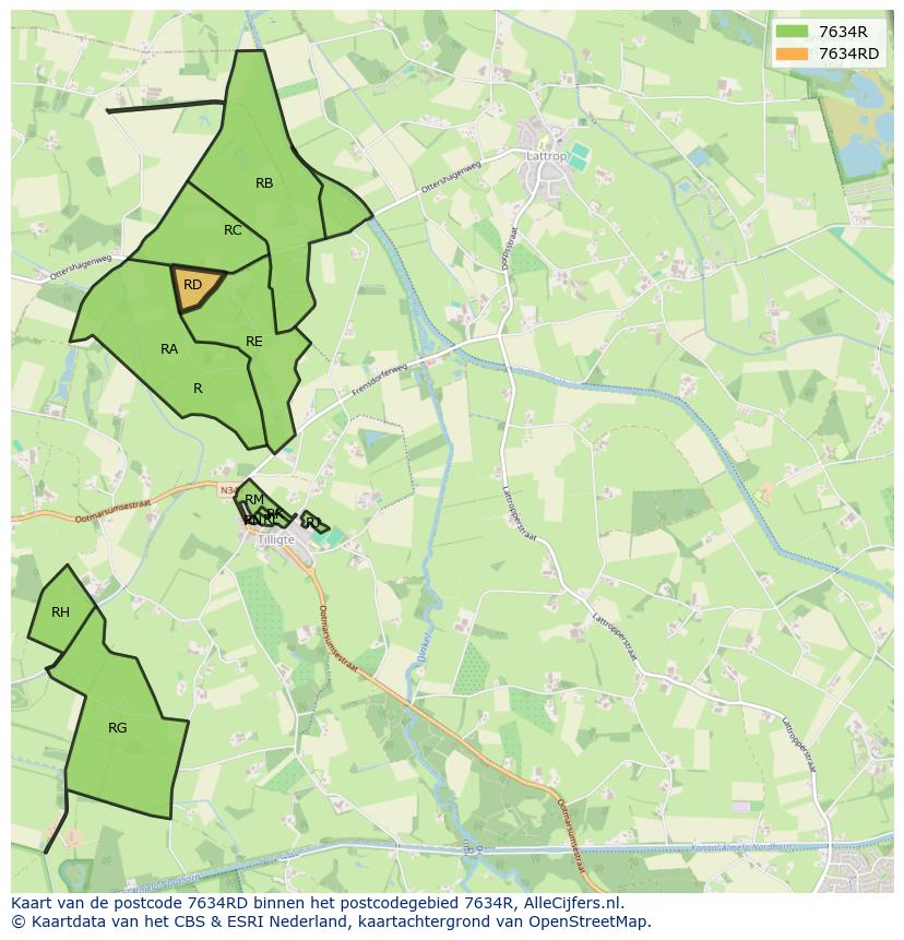 Afbeelding van het postcodegebied 7634 RD op de kaart.
