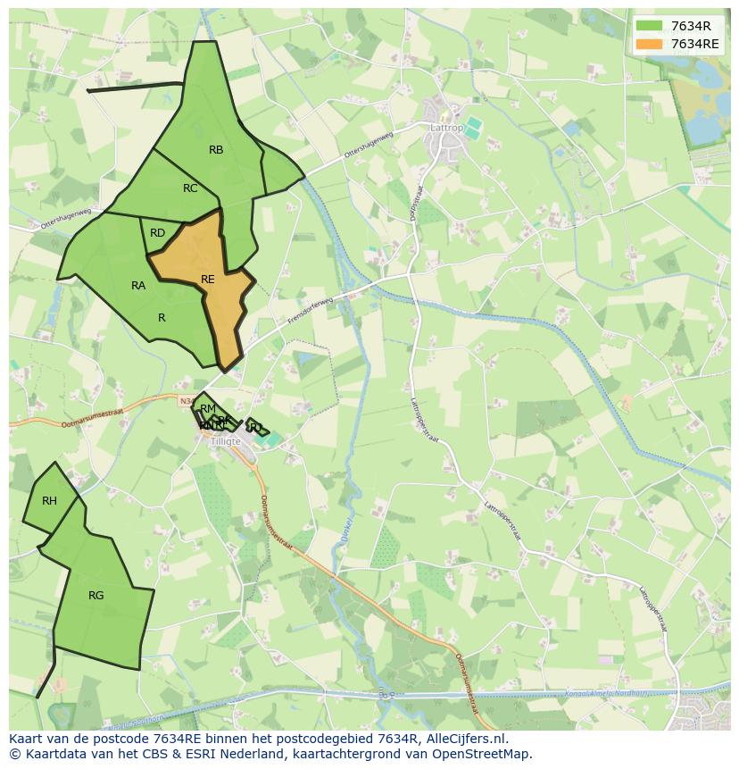 Afbeelding van het postcodegebied 7634 RE op de kaart.