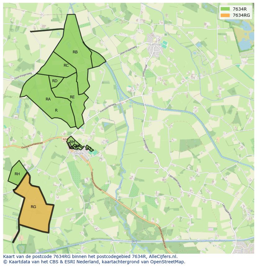 Afbeelding van het postcodegebied 7634 RG op de kaart.
