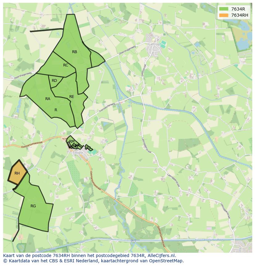 Afbeelding van het postcodegebied 7634 RH op de kaart.
