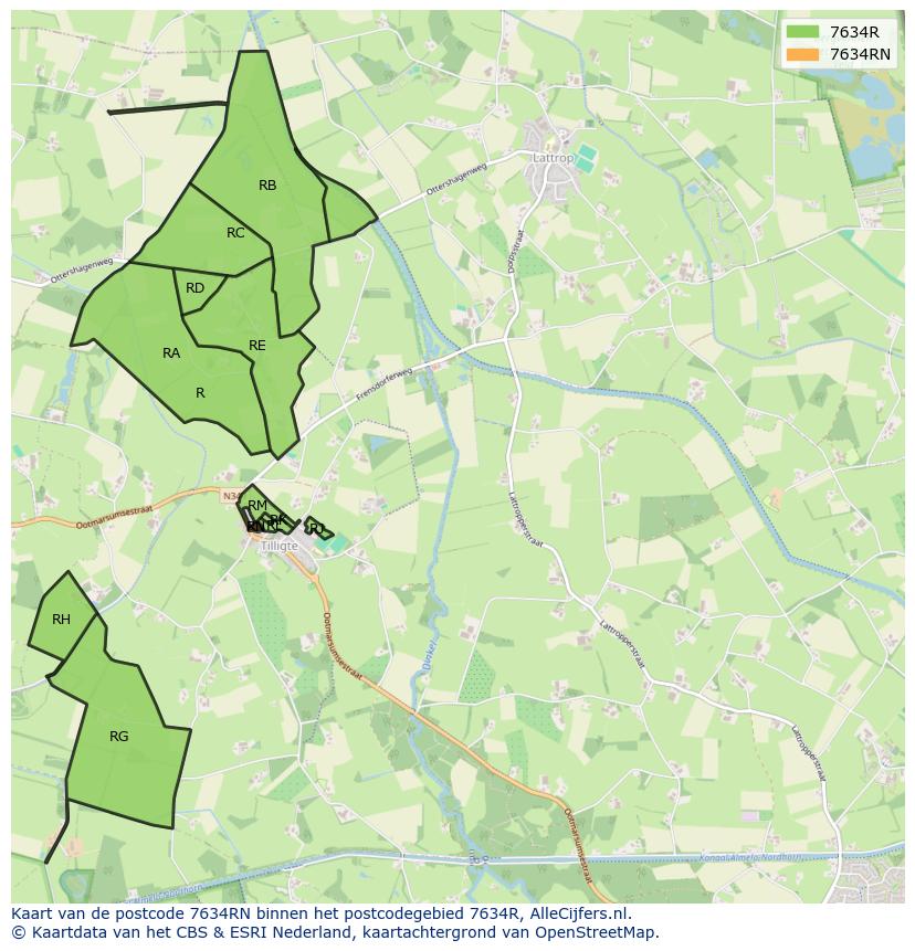 Afbeelding van het postcodegebied 7634 RN op de kaart.