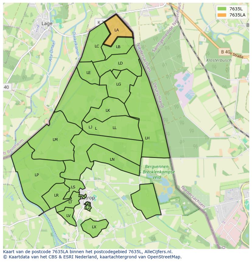 Afbeelding van het postcodegebied 7635 LA op de kaart.