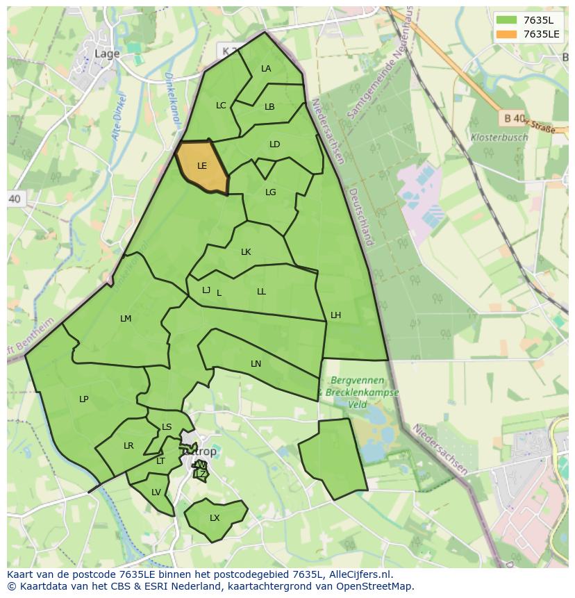 Afbeelding van het postcodegebied 7635 LE op de kaart.