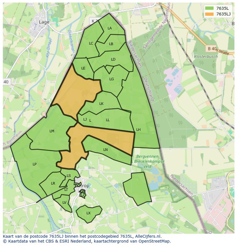 Afbeelding van het postcodegebied 7635 LJ op de kaart.