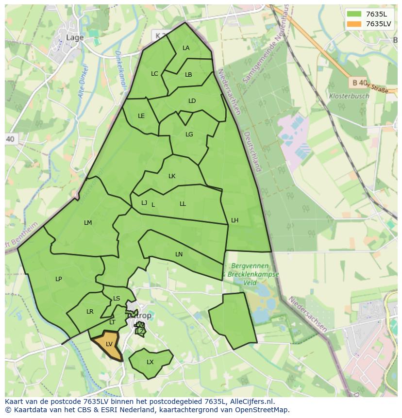 Afbeelding van het postcodegebied 7635 LV op de kaart.
