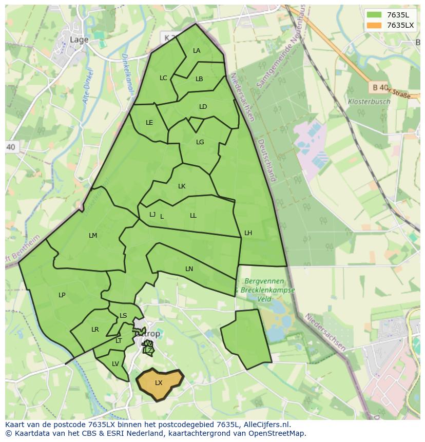 Afbeelding van het postcodegebied 7635 LX op de kaart.