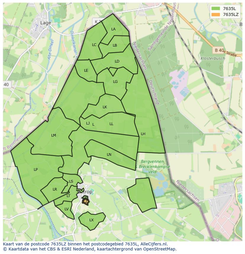 Afbeelding van het postcodegebied 7635 LZ op de kaart.