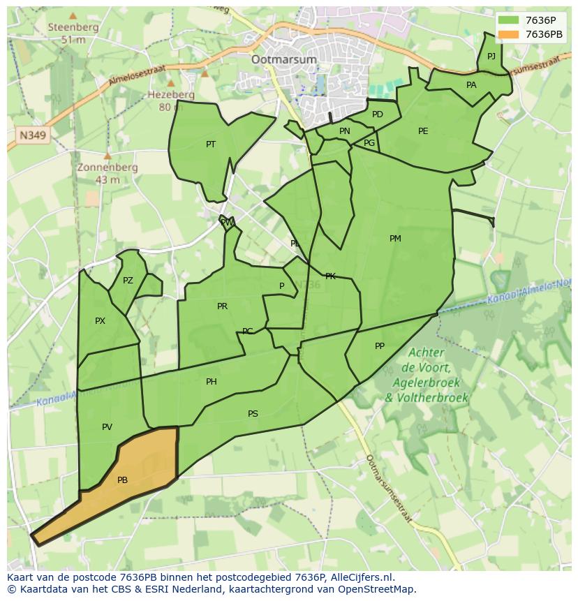 Afbeelding van het postcodegebied 7636 PB op de kaart.