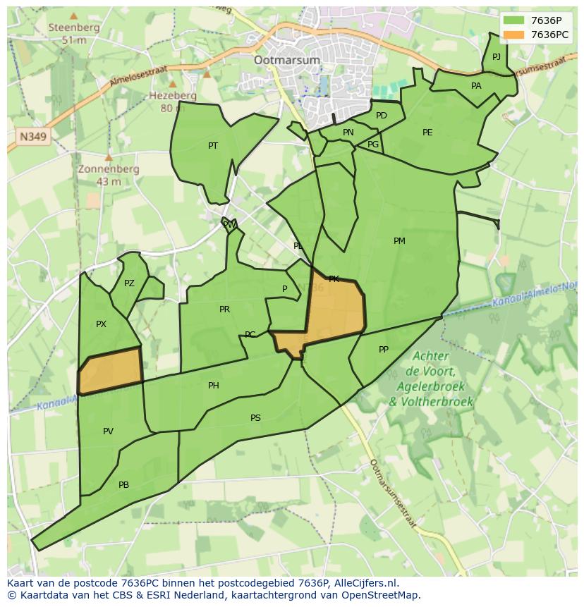 Afbeelding van het postcodegebied 7636 PC op de kaart.