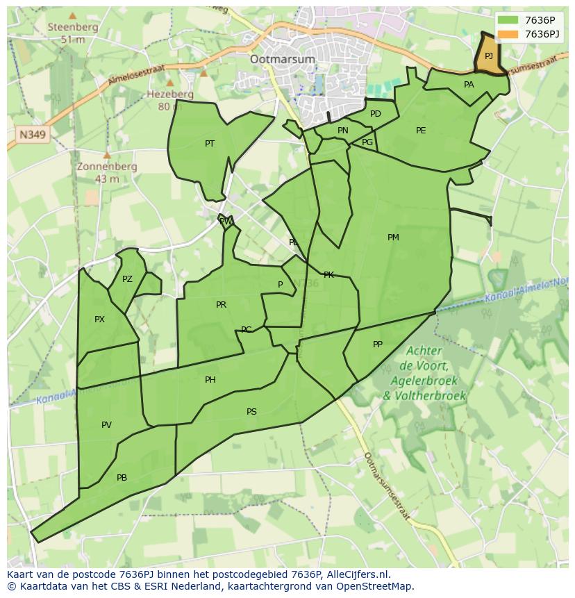 Afbeelding van het postcodegebied 7636 PJ op de kaart.