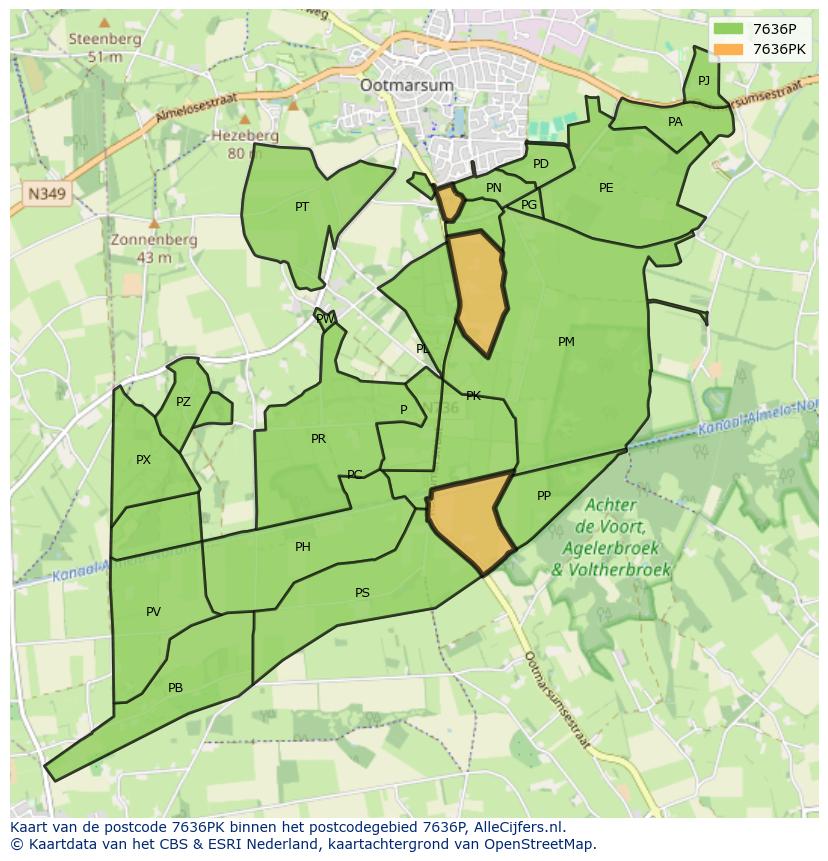 Afbeelding van het postcodegebied 7636 PK op de kaart.