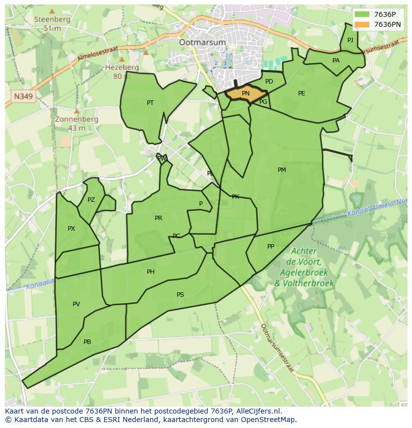 Afbeelding van het postcodegebied 7636 PN op de kaart.