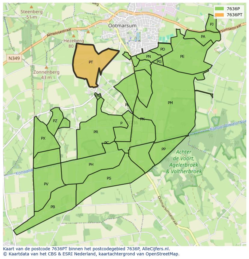 Afbeelding van het postcodegebied 7636 PT op de kaart.