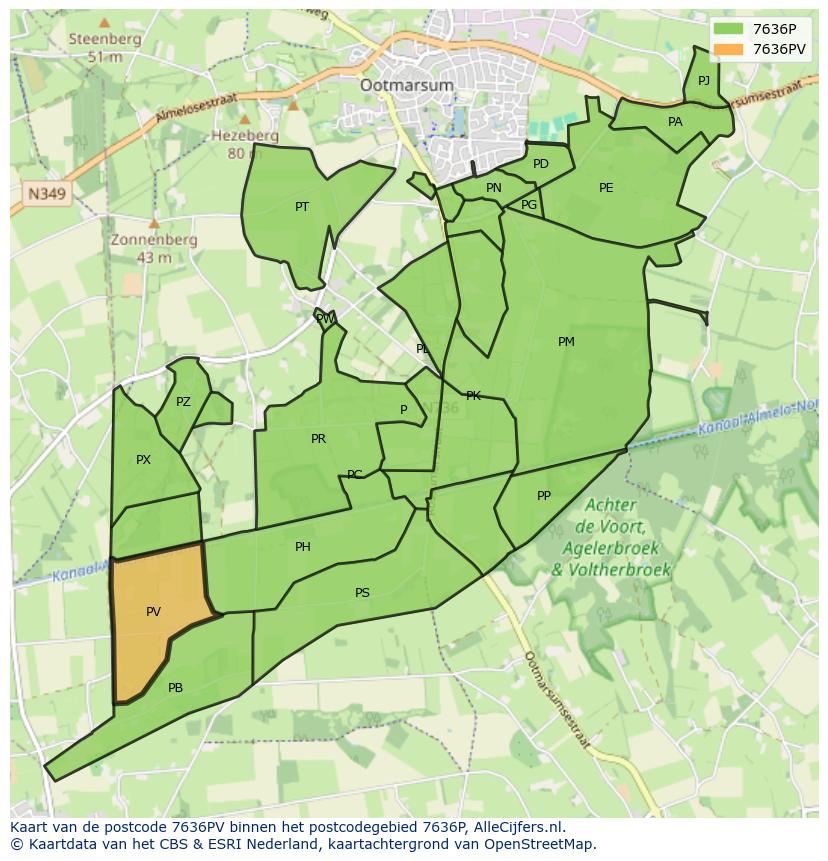 Afbeelding van het postcodegebied 7636 PV op de kaart.