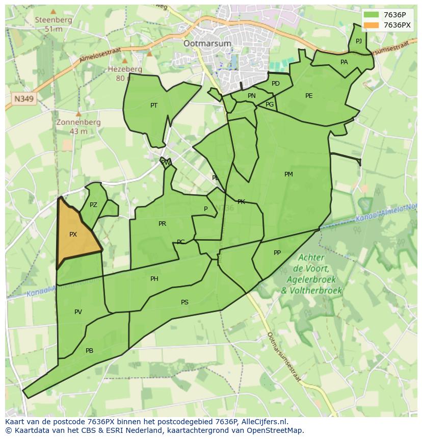 Afbeelding van het postcodegebied 7636 PX op de kaart.