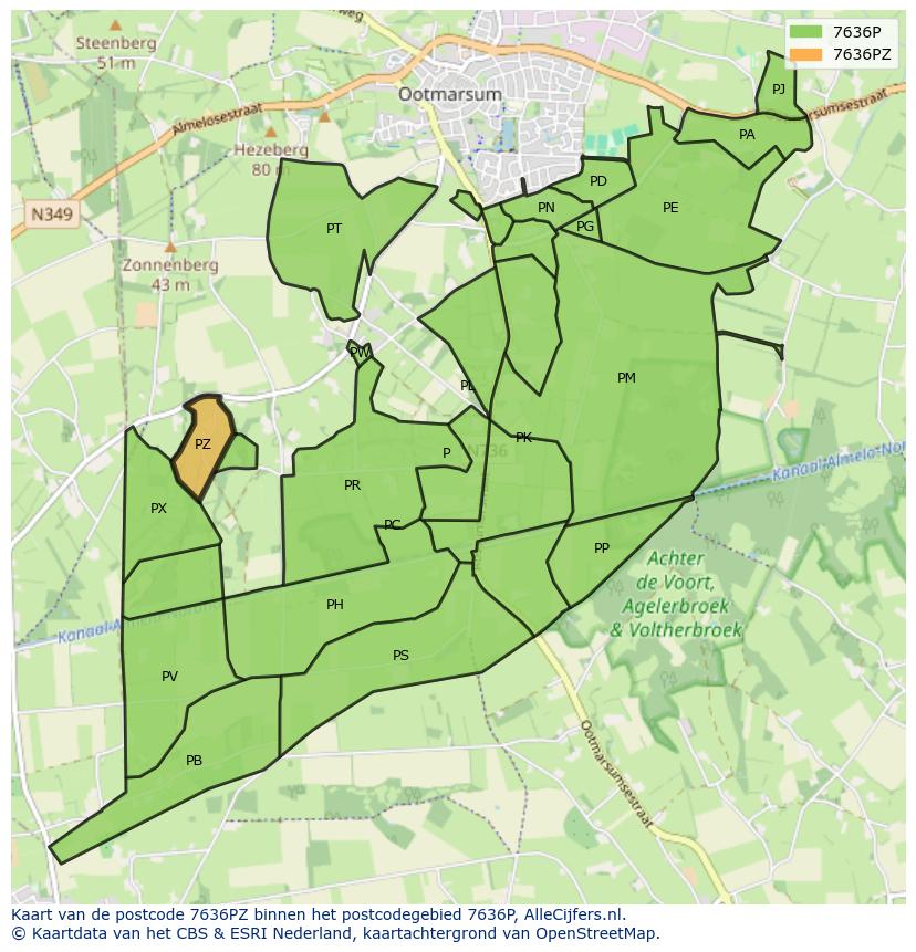 Afbeelding van het postcodegebied 7636 PZ op de kaart.