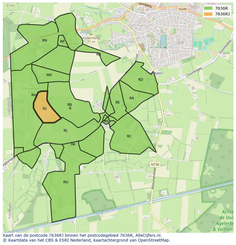 Afbeelding van het postcodegebied 7636 RJ op de kaart.