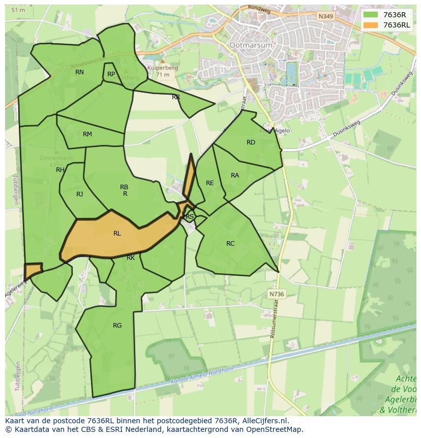 Afbeelding van het postcodegebied 7636 RL op de kaart.