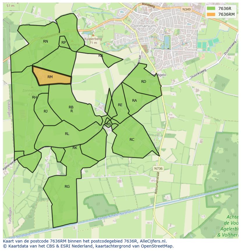 Afbeelding van het postcodegebied 7636 RM op de kaart.