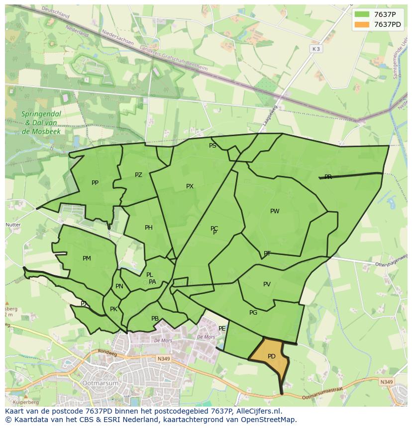 Afbeelding van het postcodegebied 7637 PD op de kaart.