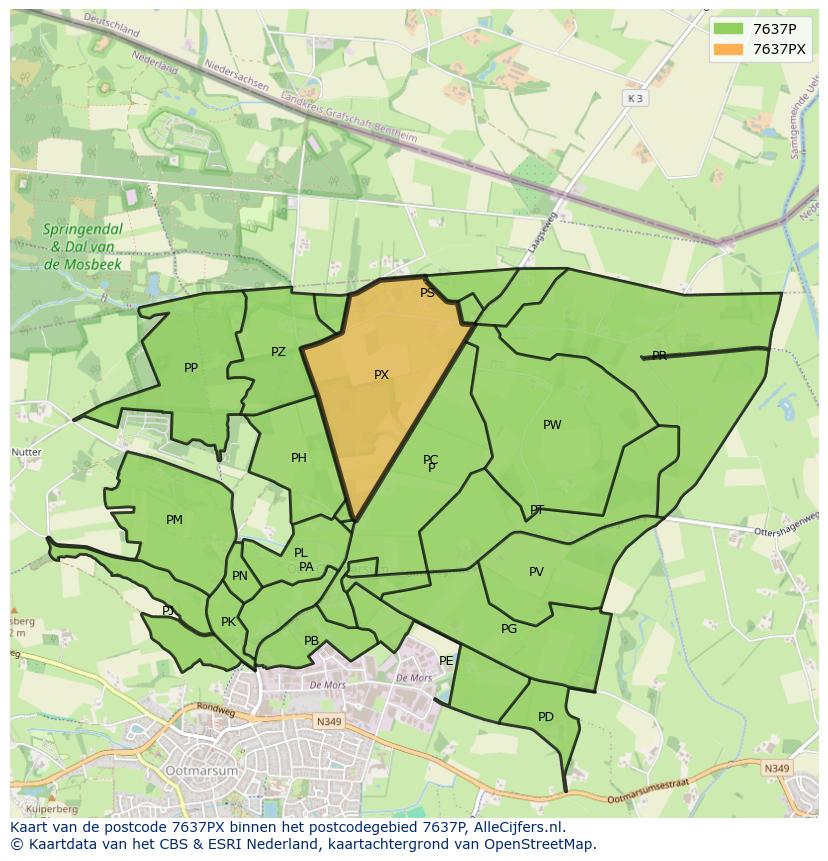 Afbeelding van het postcodegebied 7637 PX op de kaart.