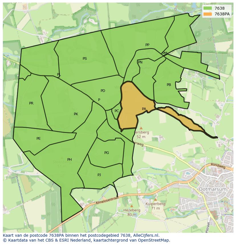 Afbeelding van het postcodegebied 7638 PA op de kaart.