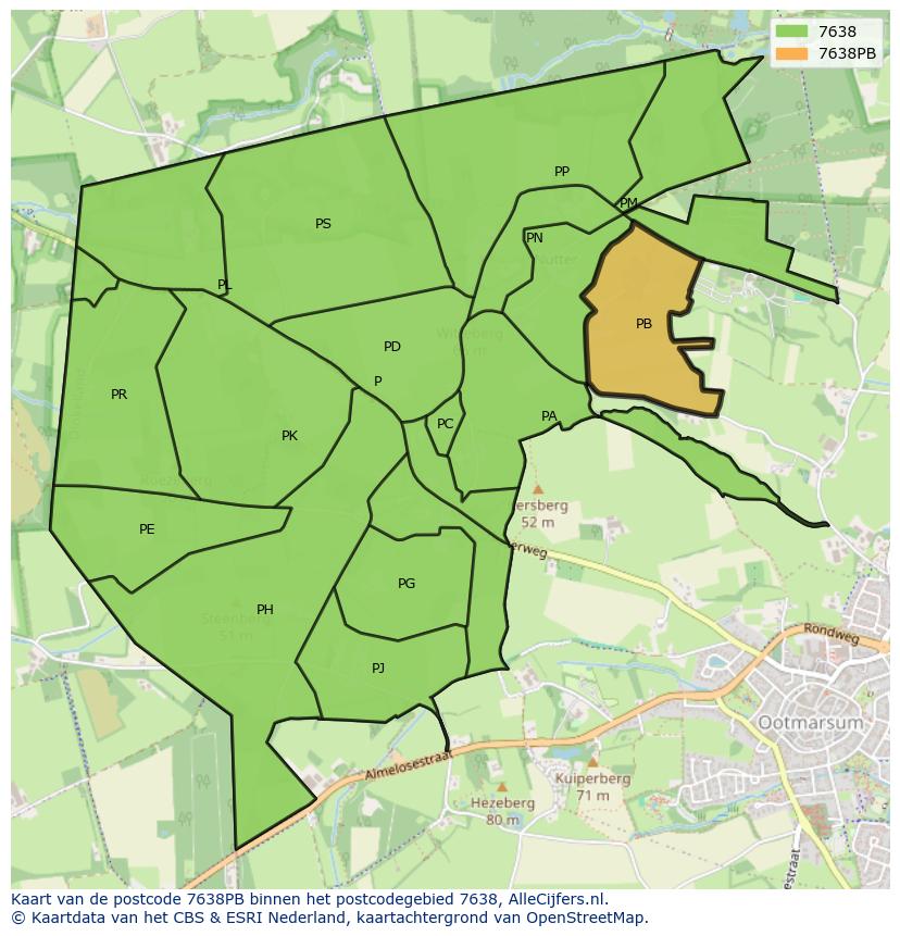 Afbeelding van het postcodegebied 7638 PB op de kaart.