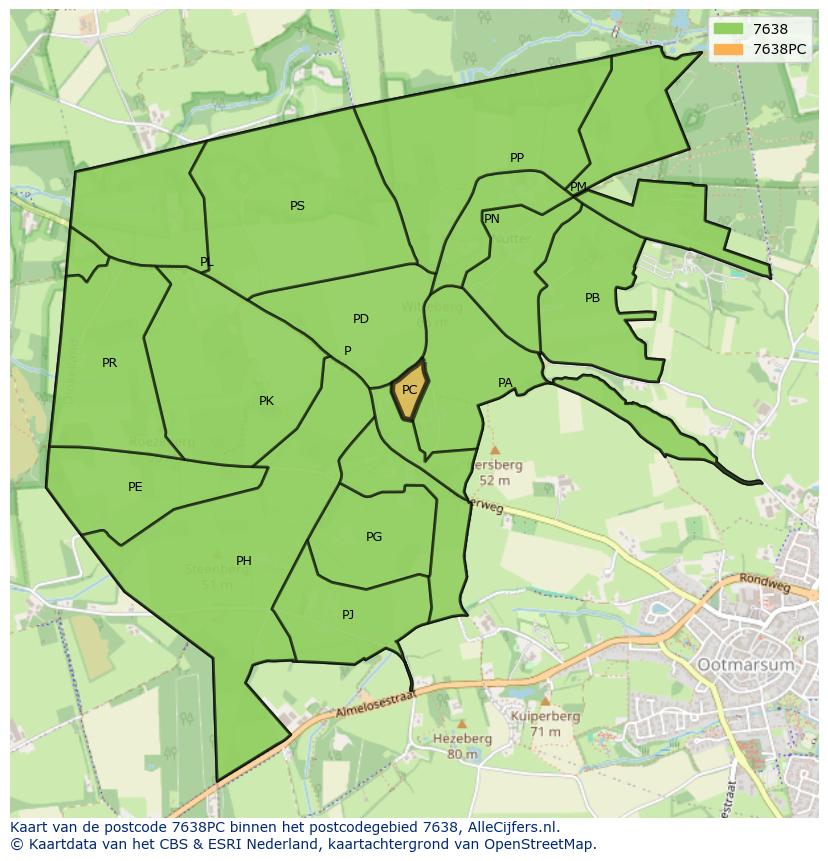 Afbeelding van het postcodegebied 7638 PC op de kaart.
